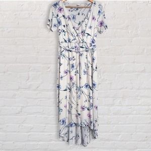 PinkBlush Maternity Nursing L Floral Hi-Low Surplice Dress White Midi Tie Waist